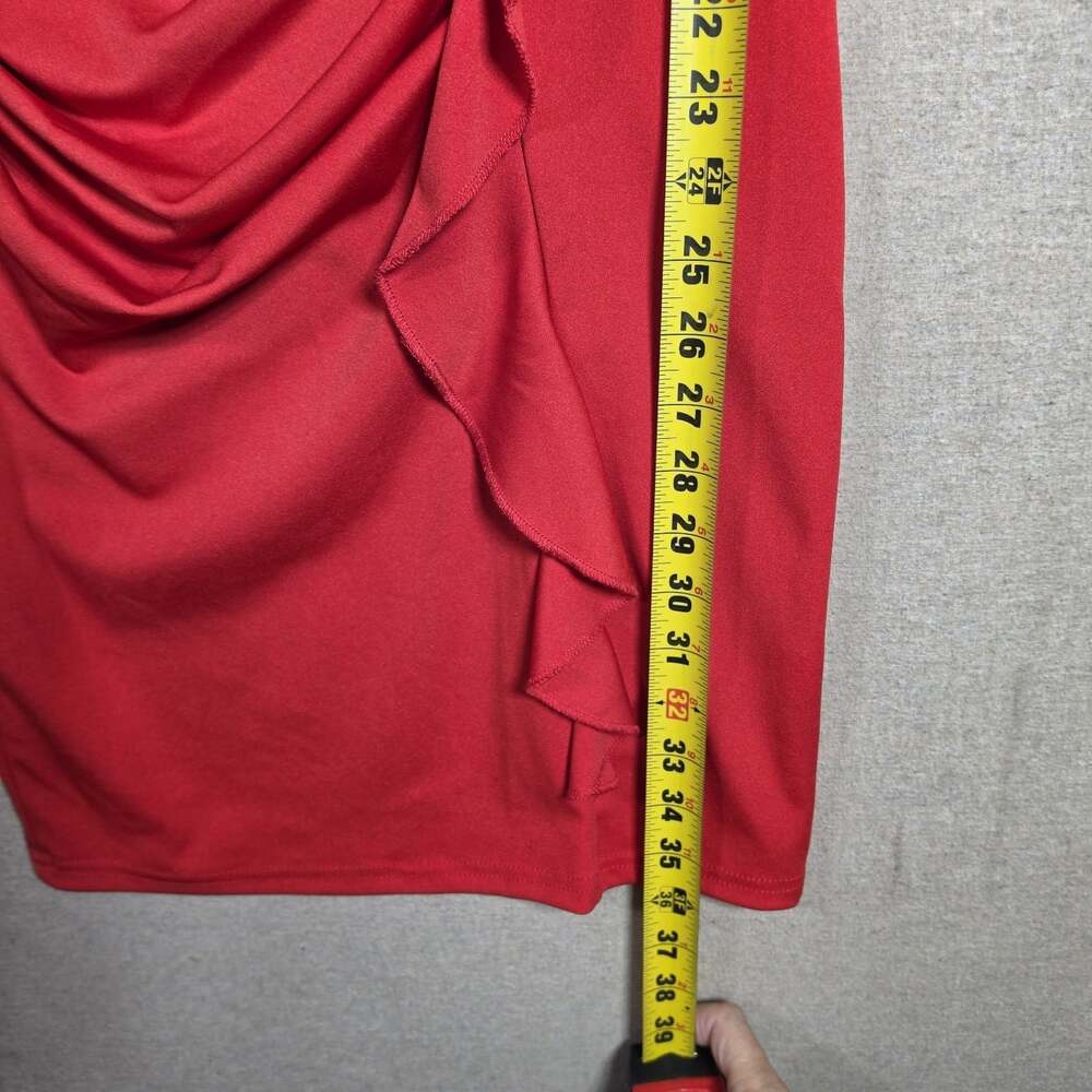 Red Midi Dress Ruched V-Neck Ruffle Sleeve Bodycon Stretch Pullover Sz S - Picture 6 of 11